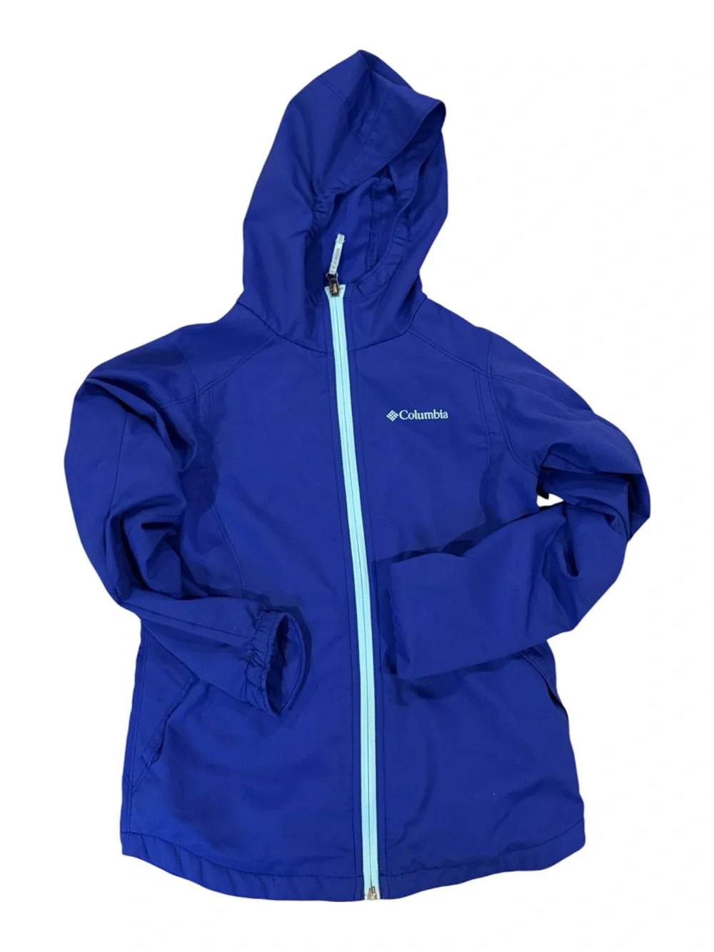 Columbia Kids Blue Hooded Rain Jacket with Light Blue Zip